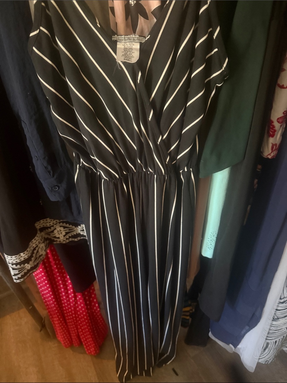 Charlotte Russe Black and White Vertical Stripe Wrap Jumpsuit